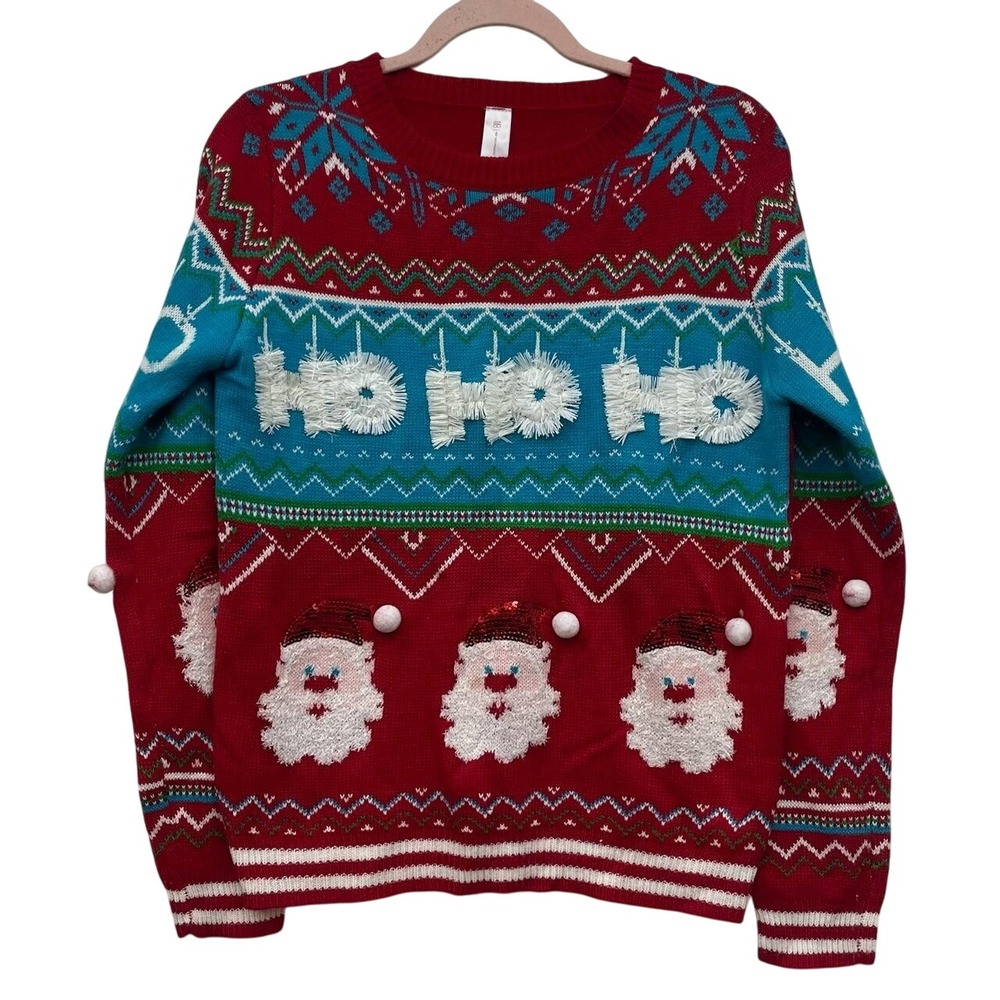 No Boundaries Juniors Ugly Christmas Sweater Ho Ho‎ Ho Santa Sequin 3D Pom L
